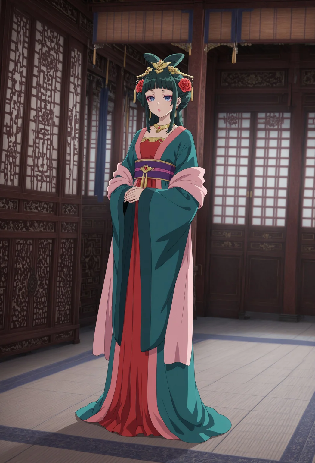 masterpiece, best quality, amazing quality, very aesthetic, absurdres, dynamic angle, ultra-detailed, highly detailed, cinematic lighting, realistic shading, intricate details, soft lighting, high contrast, depth of field, perspective, full body, indoors, east asian architecture, ADBOMao2, 1girl, green hair, blue eyes, flat chest, pink lipstick, pink eyeshadow, BOhairstyle, official alternate hairstyle, long sidelocks, cone hair bun, gold hair ornament, gold tassel hair ornament, red rose, hair flower, official alternate costume, tassel earrings, neck ring, layered clothes, green daxiushan, very wide sleeves, long sleeves, purple sash, red long dress, pink hagoromo, own hands together