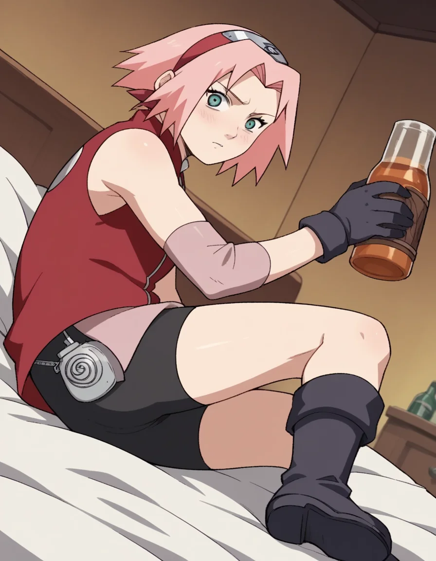 score_9, score_8_up, score_7_up, source_anime,
sakuraharuno, <lora:sakura-haruno-shippuden-s1-ponyxl-lora-nochekaiser:1>,
sakura haruno, short hair, green eyes, pink hair, parted bangs, hairband, forehead protector,
gloves, green eyes, sleeveless, black gloves, red shirt, zipper, forehead protector, konohagakure symbol, boots, bike shorts, zipper, toeless footwear,
indoors, bed, bed room, on side, blush, drunk,
cowboy shot, looking at viewer, solo, dutch angle,