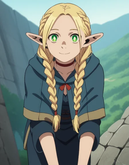 score_9, score_8_up, score_7_up, source_anime,
marcilledonato, <lora:marcille-donato-s1-ponyxl-lora-nochekaiser:1>,
marcille donato, long hair, blonde hair, green eyes, braid, pointy ears, twin braids, elf, bright pupils, parted bangs,
choker, robe, red choker,
outdoors, landscape, bent over, smile,
looking at viewer, solo, cowboy shot, dutch angle,