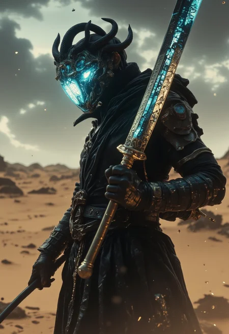 A apoclypse surreal cyberpunk setting under a gritty bleaked beige and blue-turqoise misty desert sunset, a Closeup Portrait of an eerie horned hkgod sci-fi shinobi nun-scout with billowing octopus backpack in a sandstorm, their holographic crystalline mask glinting like shattered rainbows. Iridescent black amber teal energy veins pulse across their form. The atmosphere is thick with heat distortion, glowing particles floating in the air. dark atmospheric lighting, white cybernetic armor. Wielding a massive sss great sword with intricate translucent engravings, hknuns