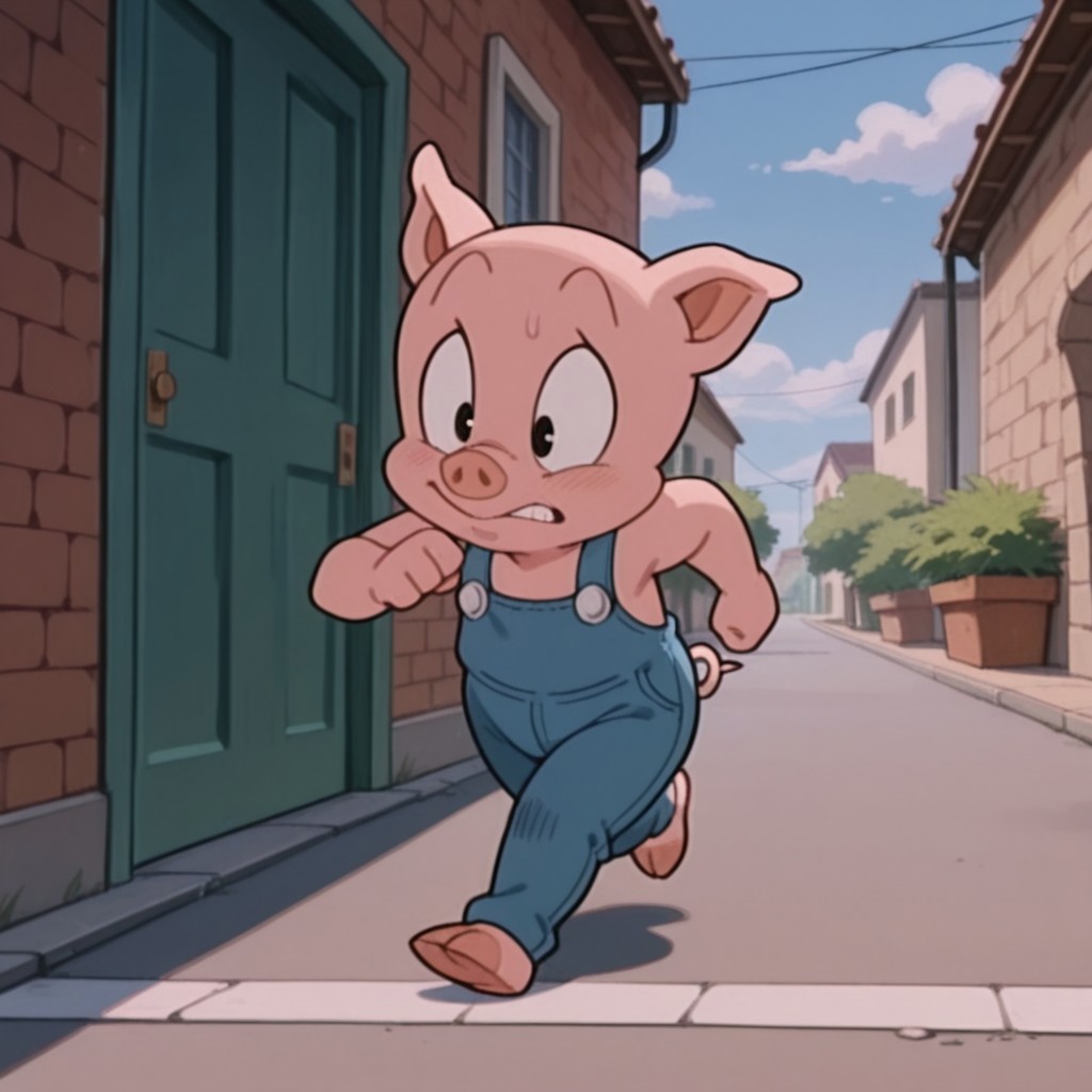 masterpiece, best quality, amazing quality, hamtonttaIl, anthro, male, pig, pink skin, blue overalls,  1boy, solo, running, down a street