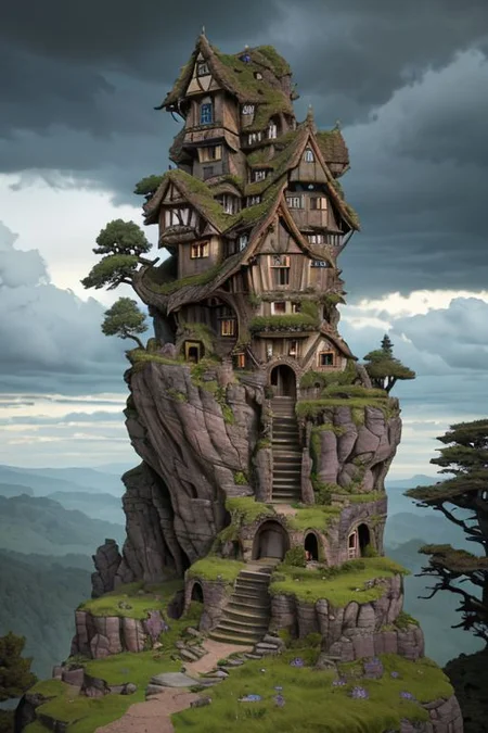 goblin's face, made of ancient weathered rock, tall grass, moss, trees, roots, half-timbered houses and stone staircases on the rock, winding upwards, against the sky with clouds, hyperealistic, surrealism, complex concept art, atmospheric, cinematic, very attractive and fabulous