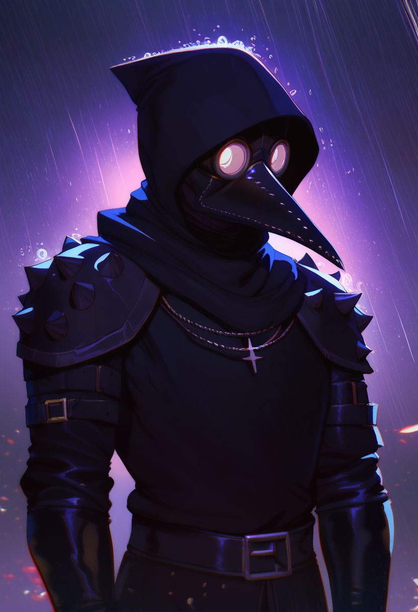 score_9, score_8_up, score_8, score_7_up, score_7, score_6_up, score_6, score_5_up, Score_5, black plague doctor, black plague doctor mask, bird like mask, black cloak hood pulled up, black leather armor, vox machine style, 1boy, male focus, solo, portrait, kind eyes, fantasy, rainy night, (dynamic lighting:1.1)
((masterpiece))