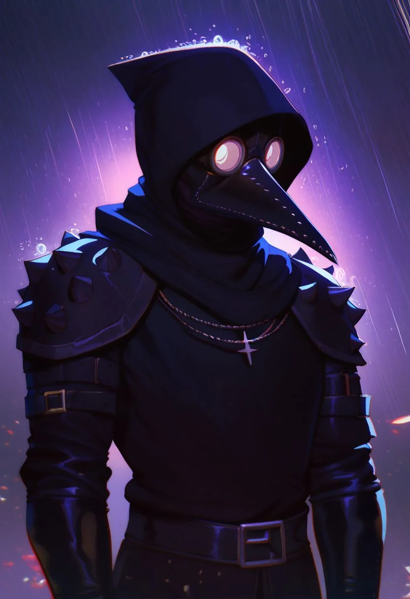 score_9, score_8_up, score_8, score_7_up, score_7, score_6_up, score_6, score_5_up, Score_5, black plague doctor, black plague doctor mask, bird like mask, black cloak hood pulled up, black leather armor, vox machine style, 1boy, male focus, solo, portrait, kind eyes, fantasy, rainy night, (dynamic lighting:1.1)
((masterpiece))