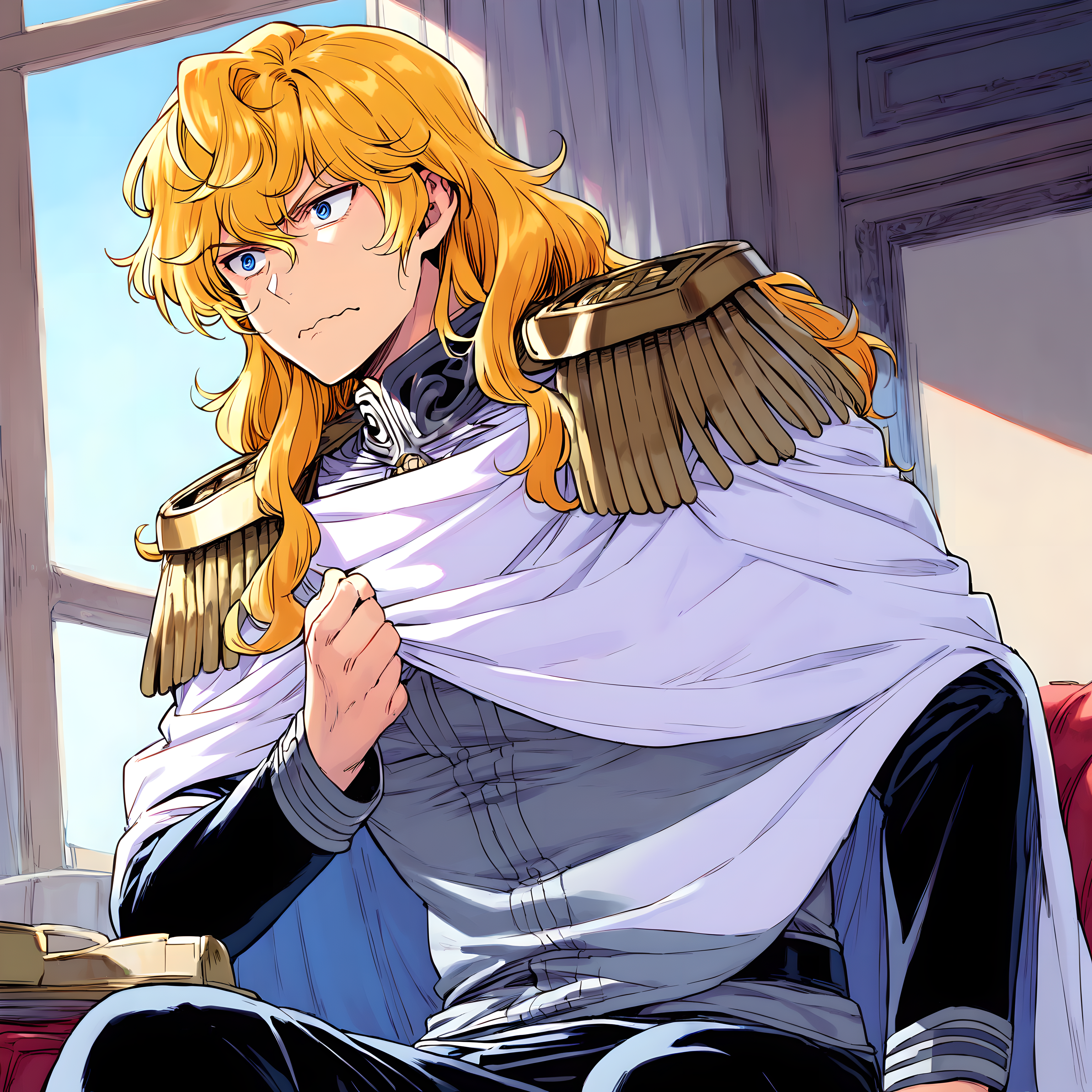 <lora:pony_xl_Reinhard:0.8>,Reinhard,score_9,score_8_up,male,1boy,solo,long hair,male focus,star \(sky\),uniform,white cape,epaulettes,military,military uniform,sitting,window,parody,cowboy_shot,make your eyes wide,wavy mouth,pale,