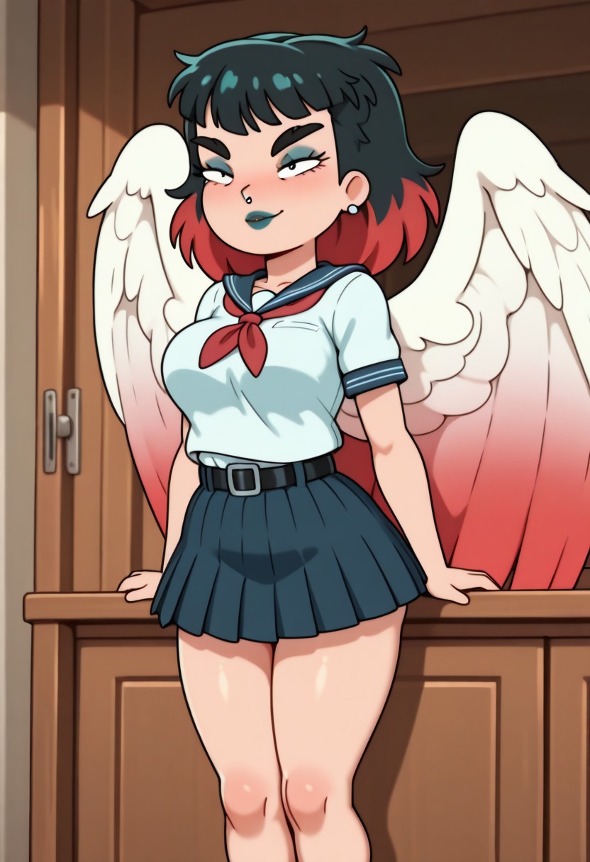 BirdDaught3r, Black hair, Red Hair, Gradient Hair, Nose Ring, Wings, Earings,
White wings, Red Wings,
Folded down wings,
Gradient wings,
Petite, Skinny,
((masterpiece, best quality, amazing quality, very aesthetic, absurdres, newest,))
young body, shortstack, short, slender body, petite, small, short legs, skinny legs, minuscule body, tiny, medium breasts, petite body, seductive face,  slutty eyes,
School uniform 
Small