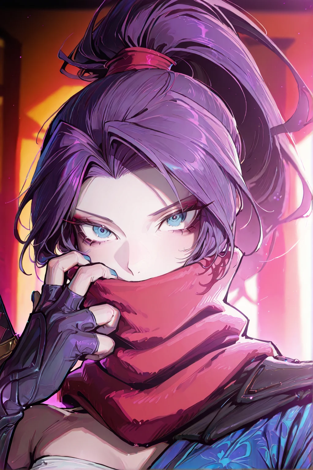 1girl, solo, (portrait:1.5), 30y, <lora:Psylockev1_Illu_Dwnsty:1> psylocke_mvr, blue eyes, purple hair, high ponytail, parted bangs, long hair, red scarf, scarf over mouth, japanese clothes, chest sarashi, kimono, sash, red belt, obi, single shoulder pad, fingerless gloves, arm guards, nail polish, blue nails, black footwear, blue thighhighs, sheath, weapon on back, blurry background, <lora:cgel-style-richy-v1_ixl:1>, <lora:princess_xl_v2:1>, <lora:illustrious_noobai_epsilon_pred_11_very_aesthetic_v1:1> masterpiece, best quality, very aesthetic, absurdres, <lora:illustrious_noobai_epsilon_pred_1_best_quality_v1:0.8> masterpiece, best quality, very aesthetic, absurdres, masterpiece, best quality, amazing quality, very aesthetic, absurdres, ultra-detailed, newest