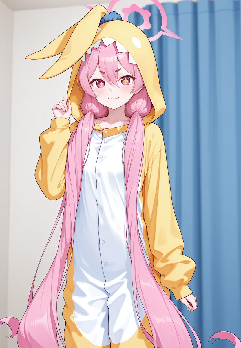 zPDXL3, score_9_up, score_8_up, score_7_up, ,Masterpiece,(perfect female body:1.2), small waist, (incredibly detailed:1.4), beautiful fingers, looking at viewer,  <lora:Kurosaki_Koyuki_-_Blue_Archive_Kaleid_Illustrious:1> kurosakikoyuki_\(arknights\), 1girl, pink hair, very long hair, twintails, pink eyes, sparkling eyes, halo, pajamas, long sleeves, hood, animal costume