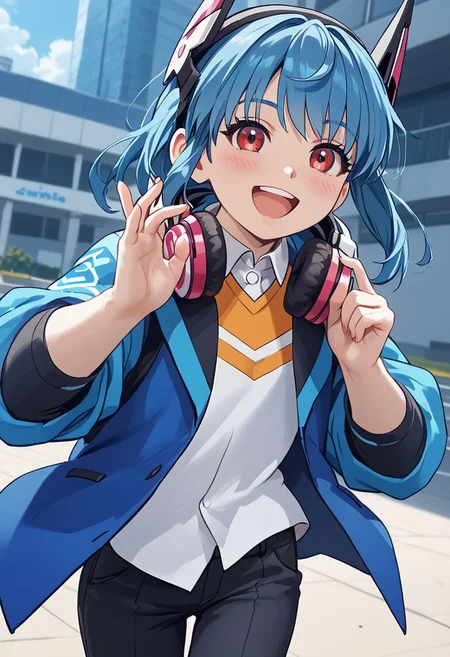 score_4,score_5,score_6,score_7_up,score_8_up,score_9 ((masterpiece,best quality,ultra detailed,highres,HD,4k:1.2)),
1 femboy,((solo,solo focus)),boy focus,face focus,petite,young,
blue hair,red eyes,black sclera, helmet,head gear,
headphones around neck,open clothes,blue jacket,shirt,collared shirt, pants,
happy,open mouth,blush,smile,