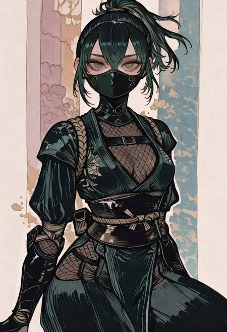 1girl, solo,
ninja, mask,
medium chest,
dynamic composition,
detailed eyes, looking at viewer,
painted background,
Kenorland, kenorland, artist:moriimee