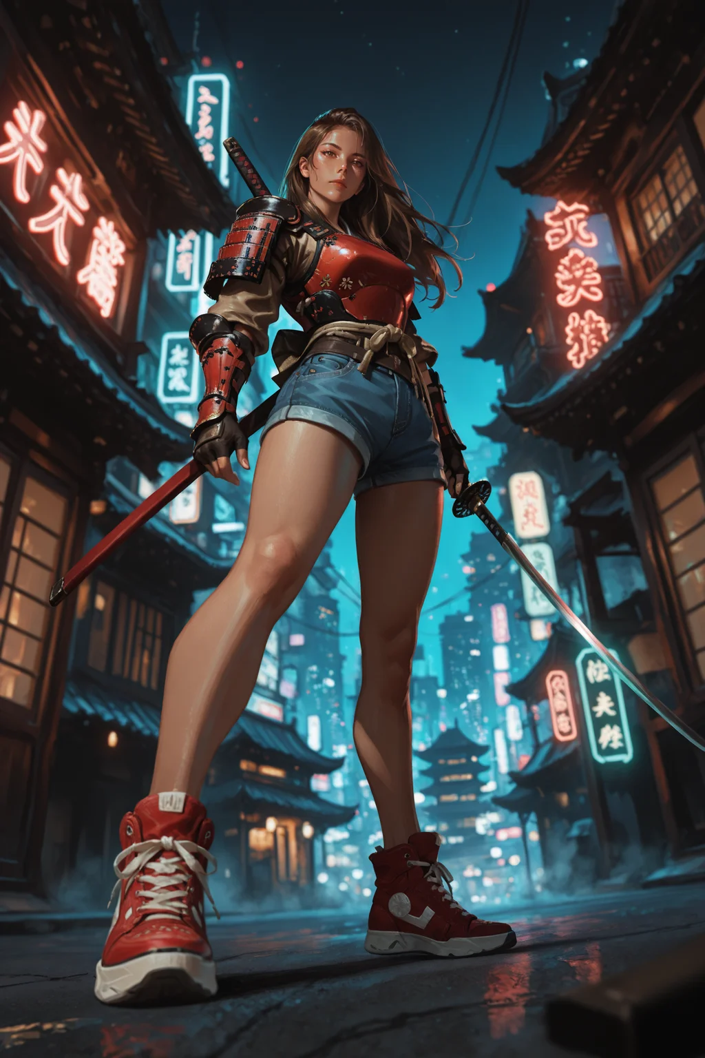 sword, weapon, from below, 1girl, armor, shoes, shorts, solo, sneakers, red footwear, holding weapon, holding sword, holding, katana, shoulder armor, night, denim shorts, denim, japanese armor, blue shorts, foreshortening, standing, outdoors, fingerless gloves, brown hair, long hair, , full body, gloves, looking at viewer, short shorts, perspective, brown eyes, outdoors, cyberpunk, neon lights, night, east asian architecture, city masterwork, masterpiece, best quality, detailed, depth of field, , high detail, best quality, very aesthetic, 8k, dynamic pose, depth of field, dynamic angle, adult, aged up