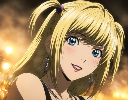1girl, portrait of Misa Amane, death note, Modern Anime, adult female, From Death Note anime, best quality, 8K, DSLR quality, Bloom Lighting, Good Face, Beautiful Face, Slim, highly detailed, glow, extreme details, fog, smoke, blond hair, full body, happy, smile, perfect eyes, <lora:perfect-eyes:1>, perfecteyes, eyes reflection, detailed eyes, upper body, hdr quality, full of color, smoke, cinematic, night, moon light, 2010s, windy, hair swaying in wind, purple nail polish, nigh time, blue eyes, grainy, chromatic aberration, adult woman, Depth of field effect, uwu, cute, blush, perfecteyes, eyes reflection, detailed eyes, upper body, shy smile, hdr quality, hands doing cute pose, full of color, smoke, detailed hands, 5 fingers, good cinematic, in city, times square, no crowd, <lora:misa_amane-step00000862:1>