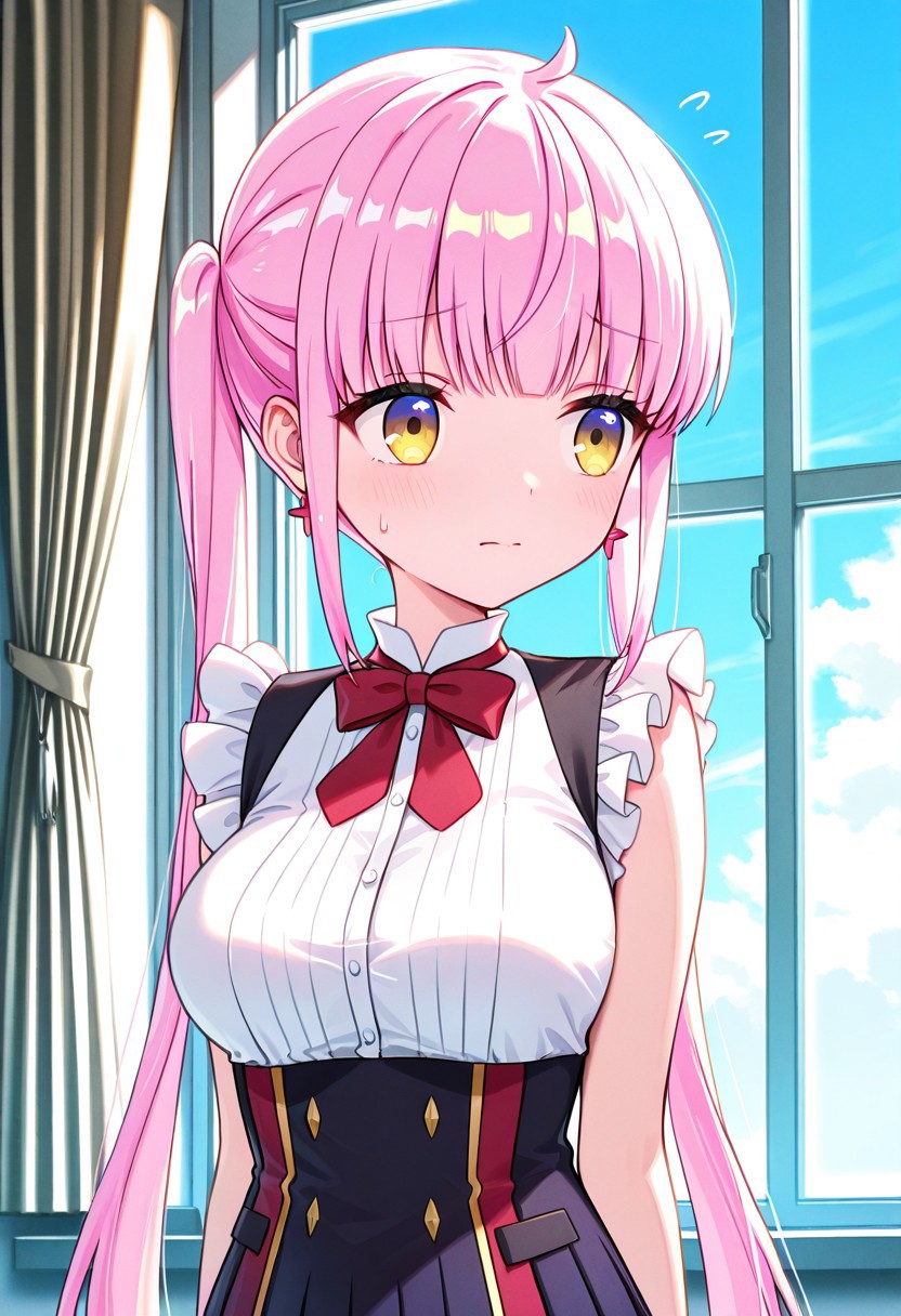 masterpiece, best quality, 32k, high resolution, absurdres, kazairo kotone, medium breasts, twintails, portrait, frills, skirt, standing, window, sky, sweatdrop, star (symbol)
