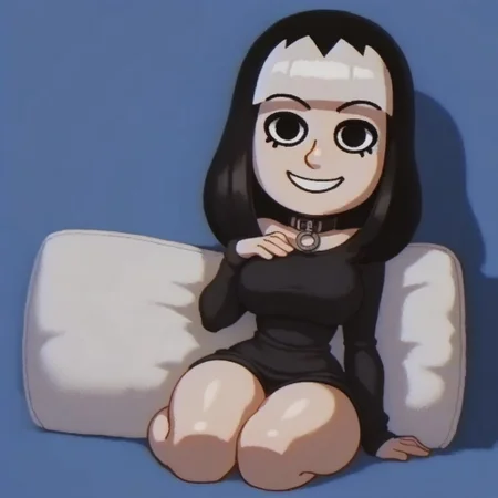 Score_9_up, score_8_up, score_7_up, detailed, cartoon, cartoonish, Rawtime, smiling, smile, 1girl, solo, black hair, from front, front view, chibi, black clothing, digital art, blue background , full body, standing, wide hips, thick thighs, sexy thighs, large breasts, Thunder thighs, multicolored hair, white and black hair, white hair, collar, sitting, looking at viewer, white sofa