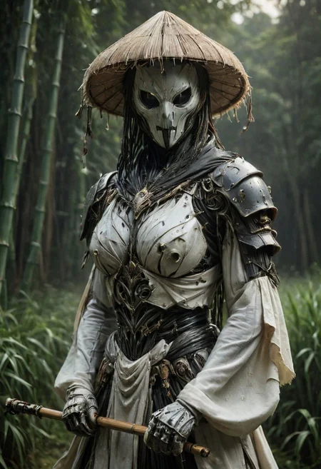 super closeup portrait by franco fontana, Create a vivid scene featuring a busty feudal cyborg shinobi, adorned in white linen hanfu with a large bamboo sedge hat, standing on a dew-covered morning meadow. arms up, wielding massive Bamboo Scythe in bruce lees iconic fighting stance pose, while a subtle glowing aura of energy envelops the warrior.