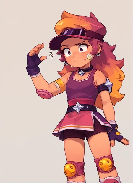score_9, score_8_up, score_7_up, <lora:boamber:1>boamber ,1 girl , multicolored hair, long hair ,purple tank top, belt, yellow knee pads, shorts , skirt, shorts under skirt, visor cap, pink headwear, fingerless gloves, <lora:PossumMachine:1>posmach , confused,Arm band