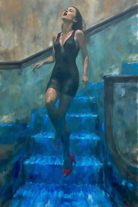 painting. a woman in a chic little black dress and vibrant red high heels, gracefully descending an escalator. She wears black lipstick and is screaming. Her attire exudes elegance and sophistication, with the red heels providing a bold pop of color against the classic black dress. The escalator itself, typically found in a mall or airport, leads downwards into an unexpected and dreamlike destinationâ -- pool of rippling water. The water is blue and ripples as the escalator's steps disappear beneath the surface. The woman's posture is poised and confident, as she seems unperturbed by the unusual surroundings. The overall atmosphere is a blend of high fashion and surreal fantasy, capturing a moment that is both elegant and otherworldly, <lora:billbate1_cap_d8a4e12:1.0><lora:852797824188850584:0>