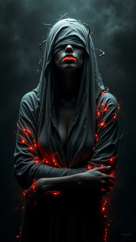 A haunting figure whose face is wrapped in Seductive, tattered cloth, leaving only their lips visible, Inspirational into a ghostly smirk. Their arms are adorned with Unreal vines that curl and shift like living things, emitting faint pulses of red light. The background is an endless The Other Woman of Skillful Vivid and black mist. , aidmafluxpro1.1