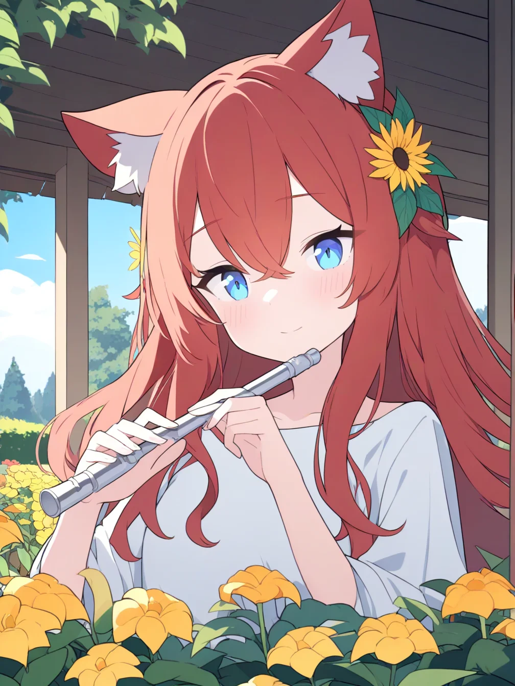 1girl,solo,animal ears,animal ear fluff,cat ears,hair ornament,yellow flower,hair flower,long hair,red hair,hair between eyes,blue eyes,shirt,white shirt,looking at viewer,collarbone,blush,
playing flute,standing,looking away,holding flute,head down,light smile,
outdoors,blue sky,landscape,garden,gardening,gazebo,flower,leaf,tree,
front view,upper body,close up,
<lora:ag31-jyt_1-000030:1>,
