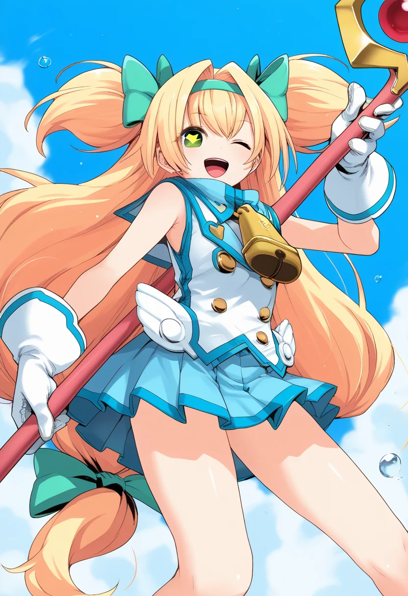 score_9, score_8_up, score_7_up, source_anime BREAK 1girl, solo, <lora:bb_platinum:1>, bb_platinum, holding staff, sky background, white shirt, blue sailor collar, neck bell, white gloves, bare shoulders, blue skirt, blonde hair, hair intakes, bangs, green hair bow, green hairband, long hair, low-tied long hair, quad tails, two side up, green eyes, heart-shaped pupils, looking at you, smile, one eye closed, open mouth, bare legs, dynamic pose, <lora:DynamicPose_alpha1.0_rank4_noxattn_100steps:1.5>