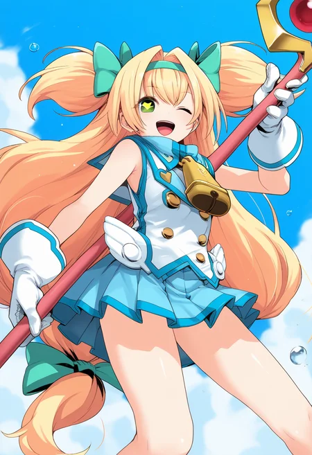 score_9, score_8_up, score_7_up, source_anime BREAK 1girl, solo, <lora:bb_platinum:1>, bb_platinum, holding staff, sky background, white shirt, blue sailor collar, neck bell, white gloves, bare shoulders, blue skirt, blonde hair, hair intakes, bangs, green hair bow, green hairband, long hair, low-tied long hair, quad tails, two side up, green eyes, heart-shaped pupils, looking at you, smile, one eye closed, open mouth, bare legs, dynamic pose, <lora:DynamicPose_alpha1.0_rank4_noxattn_100steps:1.5>