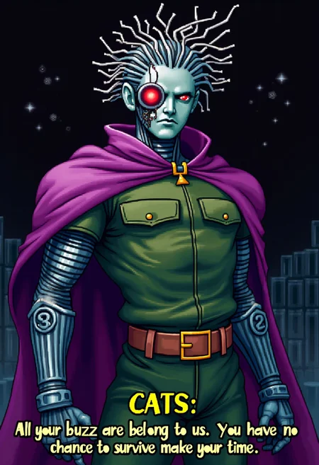 A screen shot of the main villain, an alien cyborg in a military green tunic, purple cape, a robotic red right eye, the left side of his face covered with exposed circuits, and spiked hair made of wires on a dark background from the opening cut scene of the Sega Genesis video game Zero Wing, with subtitles that read “CATS: All your buzz are belong to us. You have no chance to survive make your time.” In the style of a 16-bit video game.