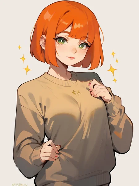 score_9, score_8_up, score_7_up, score_6_up, score_5_up, <lora:momjapmcdXLP:1> momjapmcd, 1girl, short hair, orange hair, green eyes, sweater