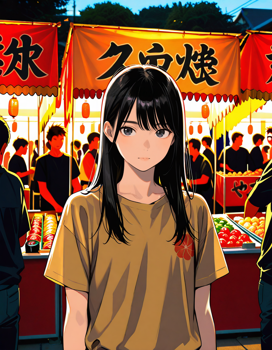 score_7_up, anime BREAK official art, solo, 1girl, 
Black hair, (chest length hair:1.2), Straight Hair, bangs, one tucked behind ear, black eyes, feature large highlight, feature double highlights, shaped eyeblow, 
<lora:natsumatsuri:0.9>, natsumatsuri, 
festival, crowd, multiple boys, 6+boys, food stand, food, paper lantern, summer festival, lantern, stalls, mask stall, festival mask, shirt, 
photo background, 
(masterpiece:1.3), best quality, high resolution, unity 8k wallpaper, extremely detailed CG, 8K, (watercolor \(medium\), muted color, sketch:1.1), perfect anatomy, highly finished, masterpiece, best quality, high quality, amazing quality, great quality, very aesthetic, ultra detailed, highres, absurdres, highly detailed, highly detailed background,