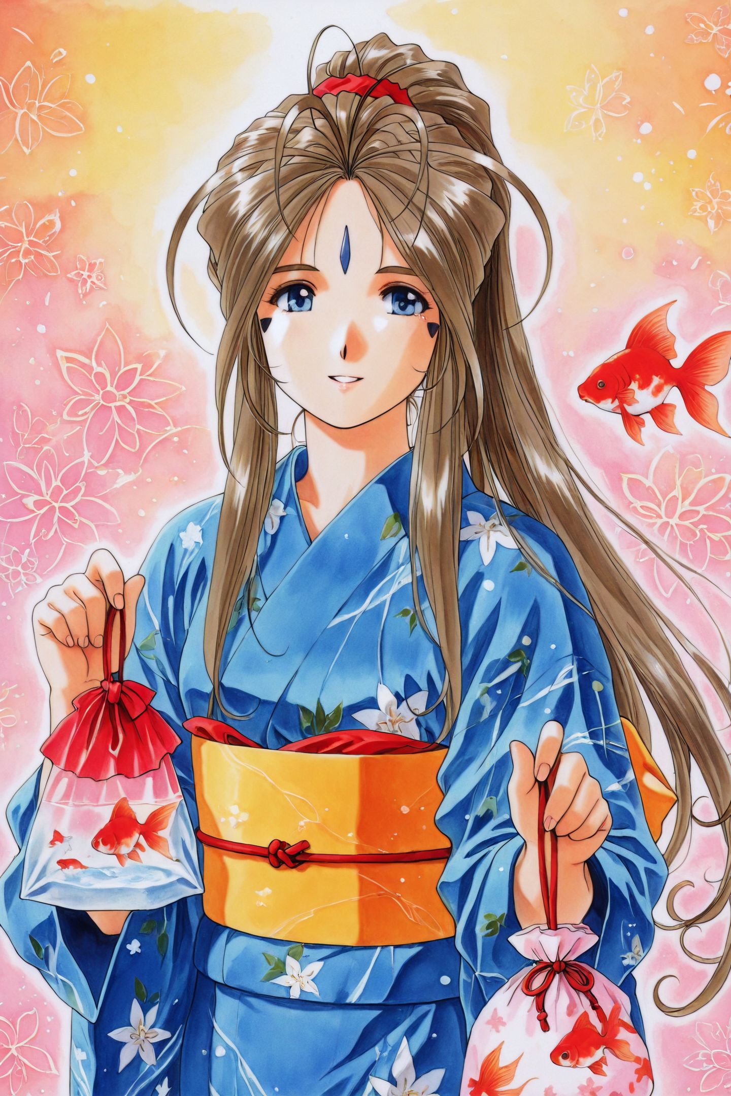 Belldandy,1girl,japanese clothes,goldfish,kimono,solo,1990s \(style\),forehead mark,goldfish,retro artstyle,brown hair,facial mark,long hair,long sleeves,sash,obi,yukata,blue kimono,holding bag,traditional media,colorful background,upper body,
<lora:Ah! My Goddess_illustriousXL:1>,