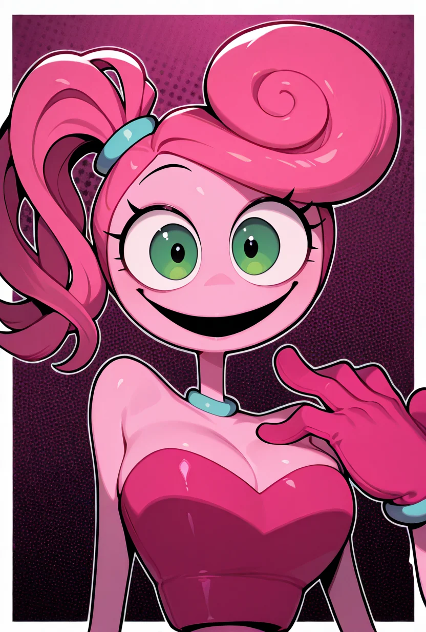 <lora:mmylnglgs-10:1> mmylnglgs, pink hair, 1girl, big smile, green eyes, pink skin, pink gloves, side ponytail, long limbs,, masterpiece, best quality, amazing quality, very aesthetic, absurdres, newest,, upper body, halftone effect, white borders, abstract background:1.2,