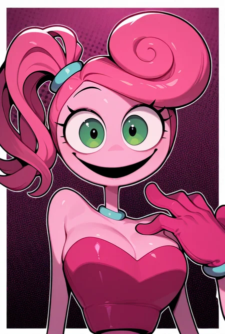 <lora:mmylnglgs-10:1> mmylnglgs, pink hair, 1girl, big smile, green eyes, pink skin, pink gloves, side ponytail, long limbs,, masterpiece, best quality, amazing quality, very aesthetic, absurdres, newest,, upper body, halftone effect, white borders, abstract background:1.2,