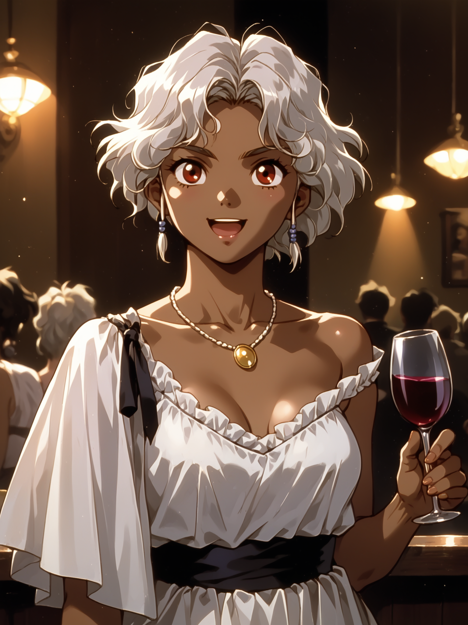 (upper body, solo focus:1.2) <lora:rita-v0.2:1>, ht_rita, white hair, jewelry, necklace, dark skin, dark-skinned female, medium breasts, 1990s \(style\), retro artstyle (petite:1.2), <lora:Shed_The_Skin's StS_age_slider_v1_initial_release:-1.25> ( :1.1) (sagging breasts:1.2) ( , , (happy :1.2) , (wavy mouth:0.8) , :1) indoors, ((night, night sky :0.6), (cloudy sky:0.6) :0.8), ( :0.9), (furniture:0.9), (messy room, messy hair, trash:0.4) , (sidelighting:0.5), (light rays, light particles:0.5) , , , ( :0.9), bar, wine glass , (evening gown:1.2) ( :0.8) score_9, score_8_up, score_7_up, score_6_up, score_5_up, score_4_up, ( [(realistic, photorealistic:1.3):(realistic:1.2):14] [(3d:1.2)::12] [:anime coloring:10] :1) <lora:LUUNA's Lunas-NijiJourney-SDXL-B2:0.35>, nijijourney <lora:prgfrg23's Counterfeit-V3.0 Style SDXL_LoRA_Pony Diffusion V6 XL:0.6> <lora:mfcg's mfcgXL:0.12> <lora:reweik's gyokai(himehajime)_PonyXL_style_v01:0.14>