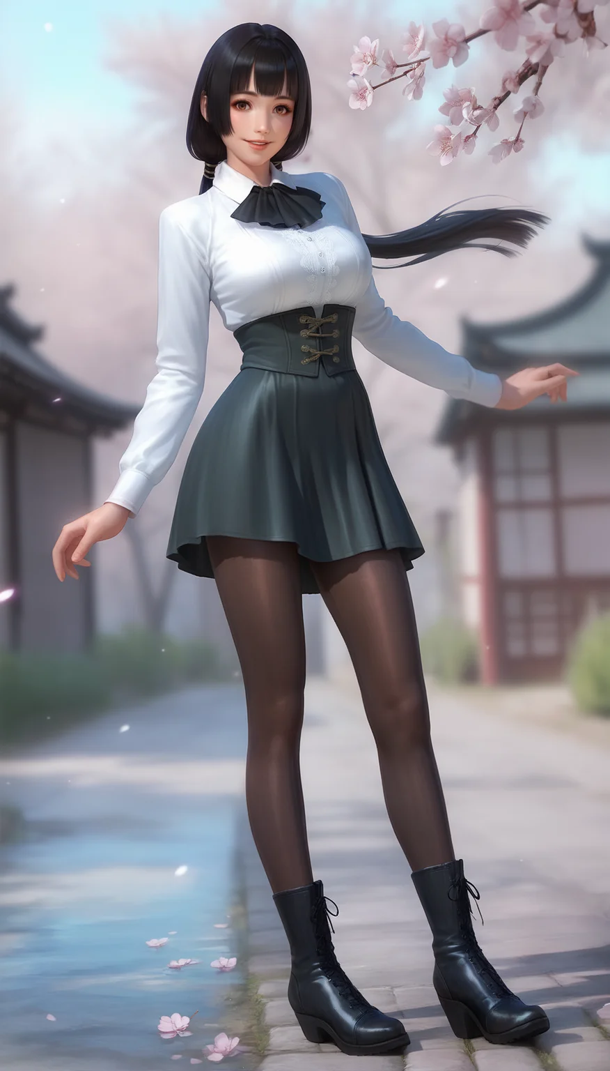 score_9,score_8_up,score_7_up,
<lora:NaotoraIi:0.9>,
naotora ii,
realistic,
1girl,solo,
black hair,blunt bangs,low twintails,
brown eyes,looking at viewer,parted lips,smile,
golden scrunchie,
white shirt with lace trim collar,long sleeves,waist skirt,black high-waisted skirt,
black pantyhose,black boots,
full body,standing,
blurry background,bloom,lights particle,outdoors,cherry blossoms,japanese style wall,vignetting,len flare,