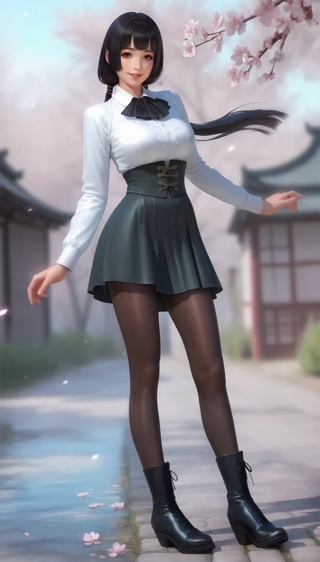 score_9,score_8_up,score_7_up,
<lora:NaotoraIi:0.9>,
naotora ii,
realistic,
1girl,solo,
black hair,blunt bangs,low twintails,
brown eyes,looking at viewer,parted lips,smile,
golden scrunchie,
white shirt with lace trim collar,long sleeves,waist skirt,black high-waisted skirt,
black pantyhose,black boots,
full body,standing,
blurry background,bloom,lights particle,outdoors,cherry blossoms,japanese style wall,vignetting,len flare,