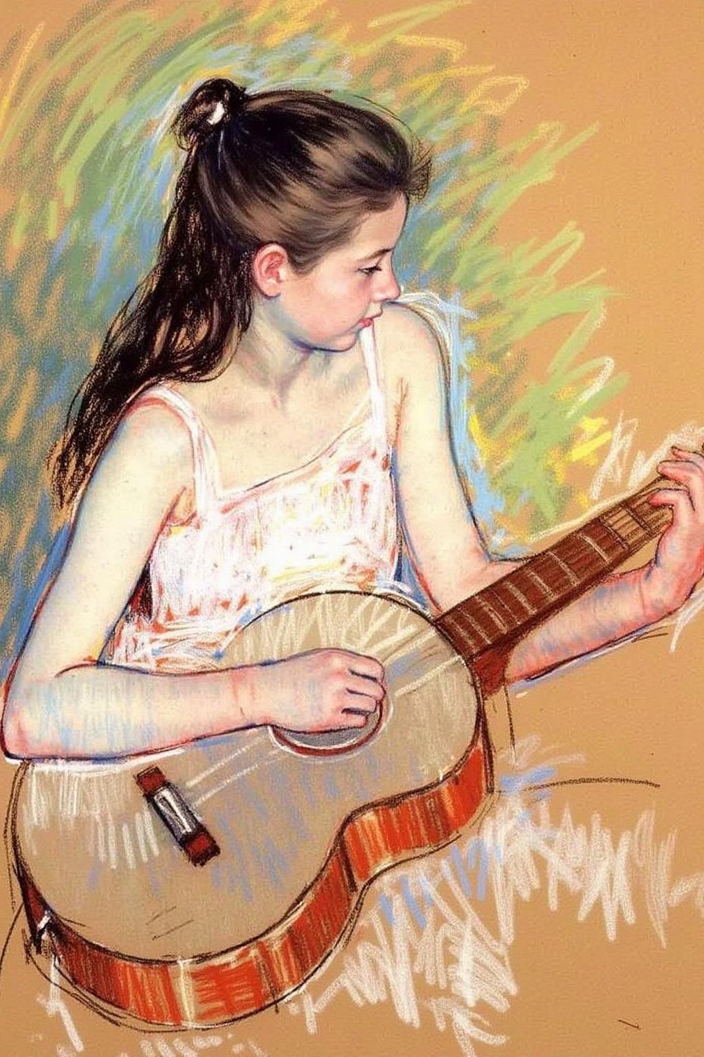 marycassatt2 drawing.
A young girl is playing the guitar. She is shown from a three-quarter view, her face tilted slightly downwards, lost in thought or concentration. Her long hair is styled into a messy, loose ponytail. <lora:marycassatt2_cap_d6a3:1.0><lora:840632873724789725:0>