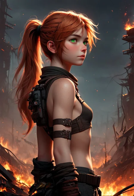 1woman, Masterpiece, 4k, ultra high detail, score_9, score_8_up, score_8, 21yo, small breast size, long red ponytail hair, fcNeg, stunning green eyes, freckles, white skin, small nose, innocent beauty, slim face, skinny body,
Native Tribal clothes, Waterworld_clothes, armed with a thin_long_metal_spear,
Dark sky, burning sky, nighttime, night, burning skyscraper, asteroids in sky, harbour, seasite, burning water, destoyed skyline,
Sideview, Apocalyptic scene, burning skyscraper, burning city, destroyed cars,
End of the World,
negative_hand, NightScapes,