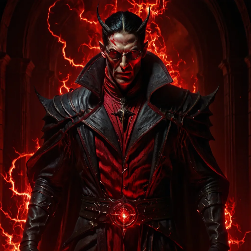 Gothic style <lora:DFOP-V3.0:1>Demiurge, the cunning demon from Overlord, tall and slender build, exuding an air of intellect and malice, slicked-back black hair, sharp angular facial features, glowing crimson eyes full of confidence, wearing perfectly round glasses that glint subtly in the light, a sly smirk on his lips, dressed in a striking red suit with subtle lighter red pinstripes, a matching deep red cravat, and a long black cape with crimson lining, pointed demonic ears and sharp clawed hands adding to his menacing elegance, standing in a dark, gothic environment with glowing arcane symbols and an ominous fiery glow in the background, dynamic lighting, cinematic style, masterpiece, best quality, newest, absurdres, highres, anime art style, high detail . Dark, mysterious, haunting, dramatic, ornate, detailed