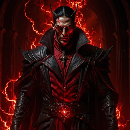Gothic style <lora:DFOP-V3.0:1>Demiurge, the cunning demon from Overlord, tall and slender build, exuding an air of intellect and malice, slicked-back black hair, sharp angular facial features, glowing crimson eyes full of confidence, wearing perfectly round glasses that glint subtly in the light, a sly smirk on his lips, dressed in a striking red suit with subtle lighter red pinstripes, a matching deep red cravat, and a long black cape with crimson lining, pointed demonic ears and sharp clawed hands adding to his menacing elegance, standing in a dark, gothic environment with glowing arcane symbols and an ominous fiery glow in the background, dynamic lighting, cinematic style, masterpiece, best quality, newest, absurdres, highres, anime art style, high detail . Dark, mysterious, haunting, dramatic, ornate, detailed