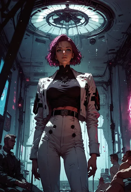 score_9, score_8_up, score_7_up,  a woman in a white suit standing in a room with lights on the ceiling and a circular light behind her, Star Trek setting, retrofuturism, black belt  <lora:pony/twilight_style:0.8> concept art, <lora:pony/expressiveh:0.8> expressiveh, <lora:pony/kenva:0.7> <lora:sdxl/sinfully_stylish_sdxl>