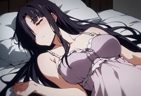 score_9, score_8_up, score_7_up, source_anime, 1girl, solo, <lora:ouyang xueli v2:1>, hair over one eye, sleeping, expressionless, blush, long hair, black and dark purple hair, bangs, negligee, large breasts, bed, on back, bedsheet, pillow,