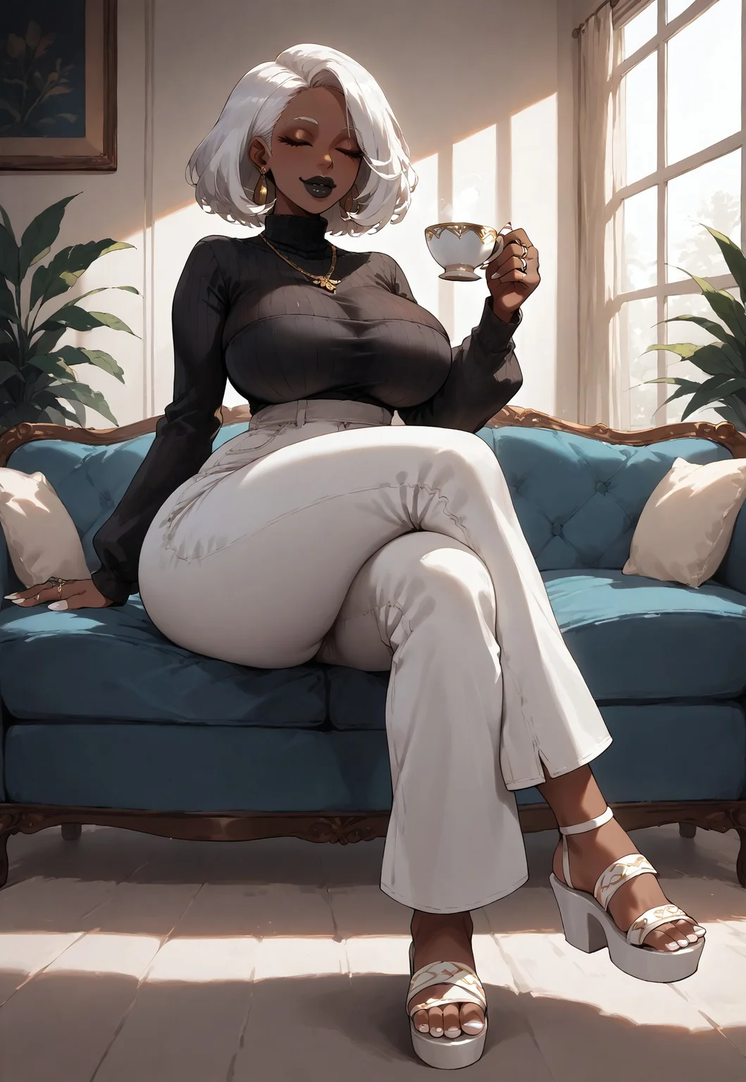 safe_pos, score_9, score_8_up, score_7_up, solo, 1women, ebony, african, dark-skinned, dark-skinned_women, thick lips, white hair, white eye bros, plump lips, makeup,  Black lipstick, Black lips, (curvaceous, curvy) body, (thicc hips), (thick legs), (thick thighs), round hips, bulbous hips, absurdly large hips on a slight frame, round thighs, bubble butt, manicure, pedicure, polished nails, white nails, clothes, Long sleeve black turtleneck, white Flared pants, flat white sandals, strapless sandal, earrings, necklace, rings, sitting on couch, leg crossed, crossed legs, drinking tea, eyes closed, closed eyes, tea cup,  holding tea cup with both hands, soft smile, Detailed, Detailed lips, Detailed nails, Detailed sandals, Detailed jewelry, five_toes, 