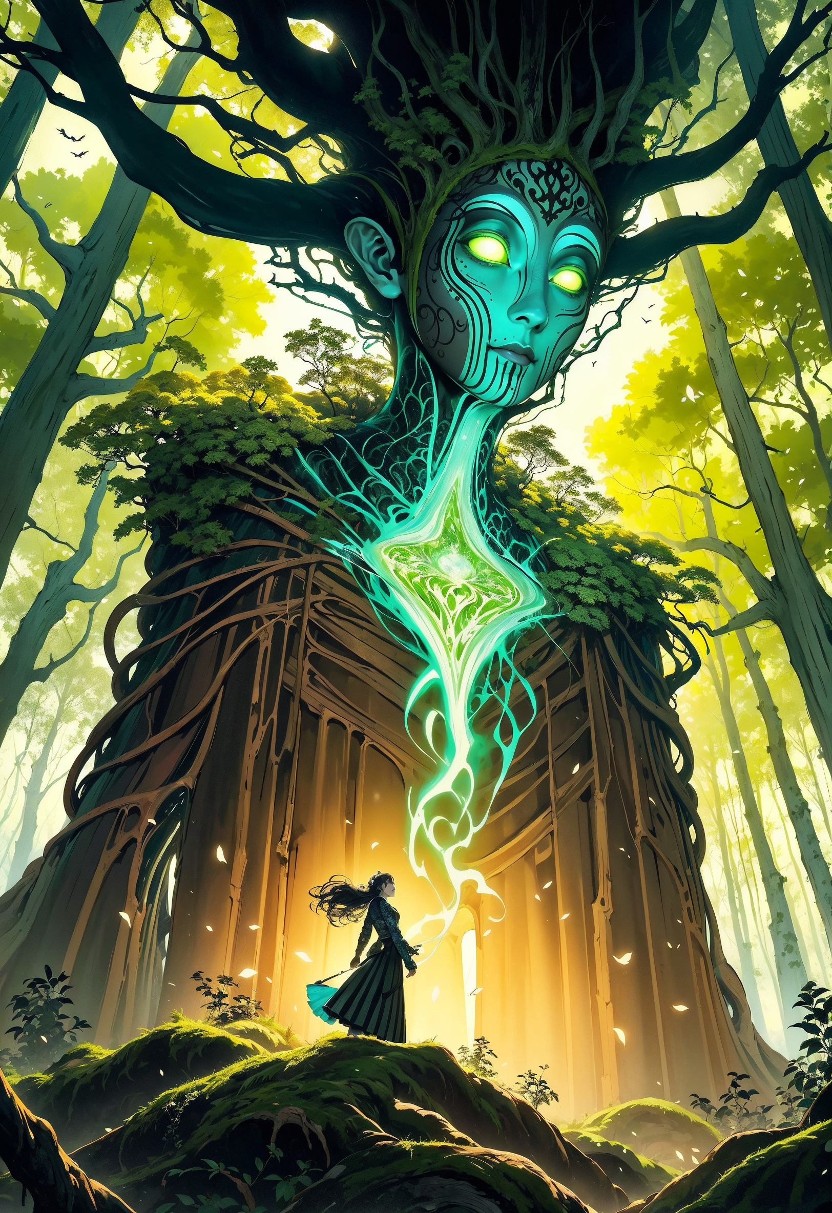 (in Cyril Rolando style:1.2), high-quality, masterpiece, A female druid made of tree roots and moss, casting a spell with glowing green energy emanating from her hands, her expression focused and powerful, illuminated by shafts of sunlight piercing through the dense forest canopy, High-contrast, dynamic POV shot with lens flare and dramatic lighting, set against a dark enchanted forest, (elaborately detailed attire with extraordinary elements:1.1), (art by Junji Ito:1.2), (hyperdetailed:1.1), (intricate details:1.0), (Refined details:1.1), (best quality:1.1), (high resolution:1.2)