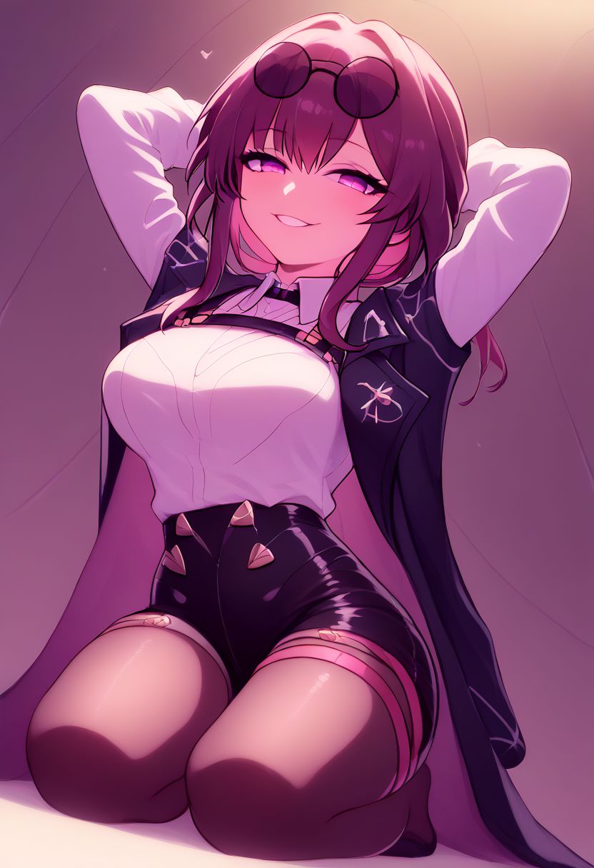 score_9, score_8_up, score_7_up, pinup girl pose, Expressiveh, aesthetic, dramatic angle, unique perspective, unique angle,  
SAFE FOR WORK,
patKafka, sunglasses on head, black jacket, white shirt, collared shirt, long white sleeves, purple gloves, black shorts, pantyhose,
,,,,,,,,,,,,,,,,,,,,,,,
kneeling, arms behind head, looking at viewer, dutch angle, solo, kneeling, 
extremely smug, smile,