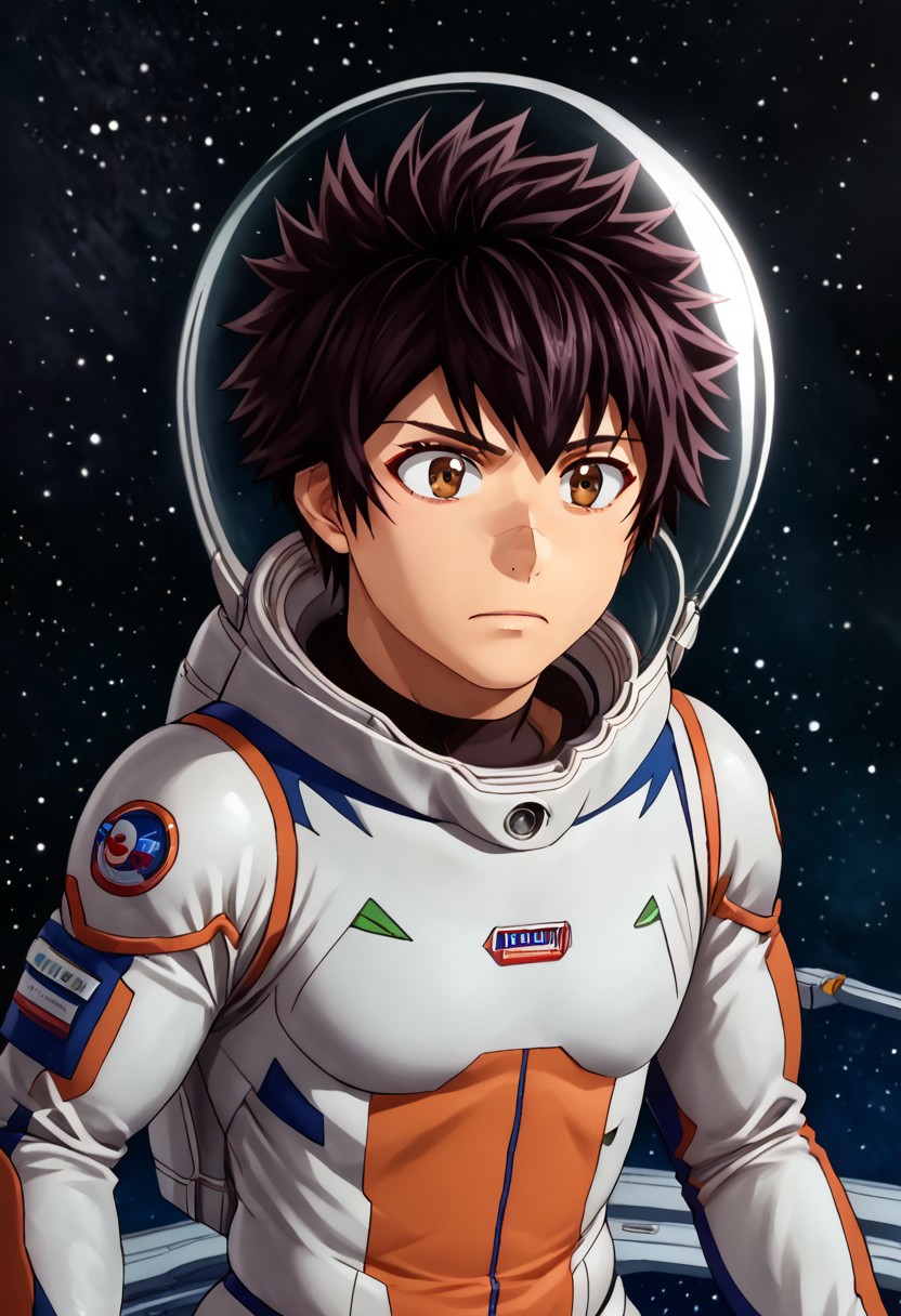 high resolution, solo, best quality, 1Boy, Kanata Hoshijima, Black hair, Brown Eyes, Space Suit, Space, Lost in Space, Astronaut,
