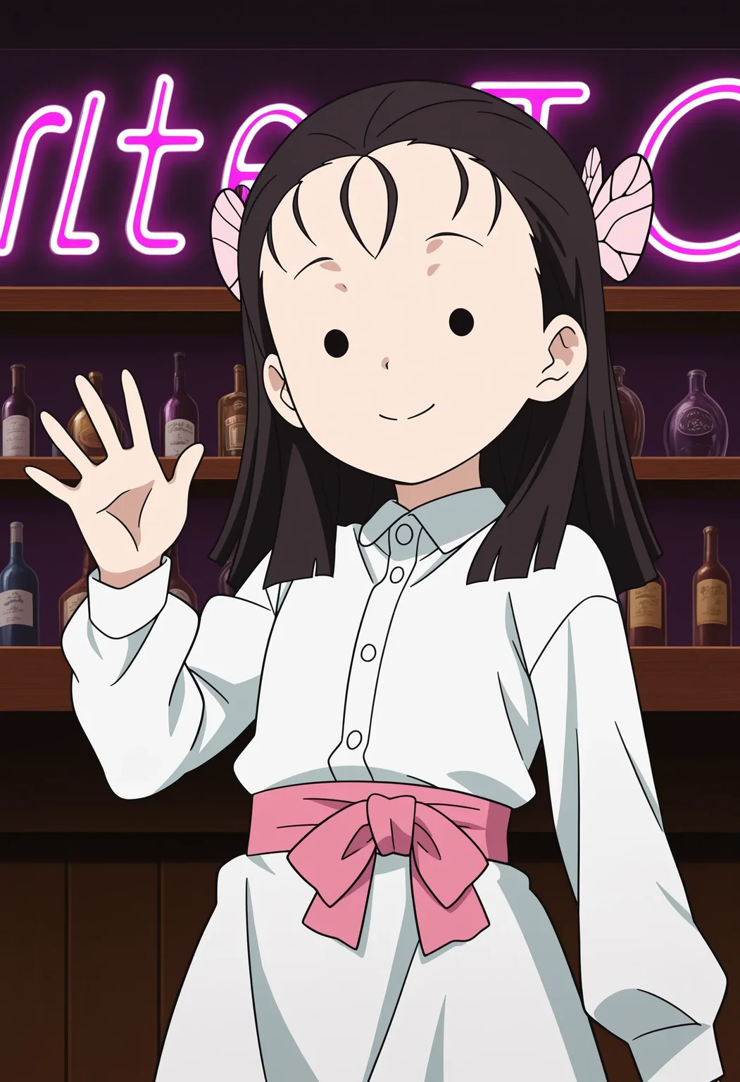 1girl, terauchi kiyo, black hair, long hair, dot eyes, pink hair ribbon, pink butterfly hair ornament, collared shirt, white dress, pink obi, white skirt,
little smile, closed mouth, looking at viewer, standing, cowboy shot, looking at viewer, hand up, waving, general,
indoors, bar, dark background, dark, neon lights,
masterpiece, best quality, ultra-detailed, very aesthetic, illustration, perfect composition, intricate details, absurdres, official art, official style, source_anime, anime screencap, anime coloring, newest, intricate, hires textures, high detail, 4k, incredibly detailed, perfect anatomy, UHD, 8K,
| <lora:DS-butterfly_mansion_girls_XL(ill01)v10d:1>