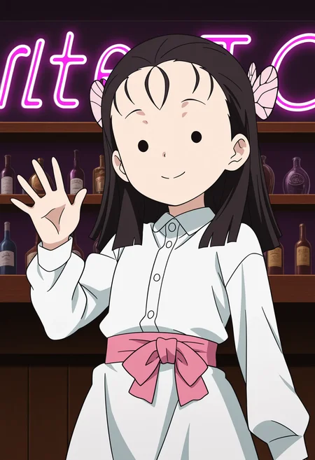 1girl, terauchi kiyo, black hair, long hair, dot eyes, pink hair ribbon, pink butterfly hair ornament, collared shirt, white dress, pink obi, white skirt, 
little smile, closed mouth, looking at viewer, standing, cowboy shot, looking at viewer, hand up, waving, general, 
indoors, bar, dark background, dark, neon lights, 
masterpiece, best quality, ultra-detailed, very aesthetic, illustration, perfect composition, intricate details, absurdres, official art, official style, source_anime, anime screencap, anime coloring, newest, intricate, hires textures, high detail, 4k, incredibly detailed, perfect anatomy, UHD, 8K, 
| <lora:DS-butterfly_mansion_girls_XL(ill01)v10d:1>