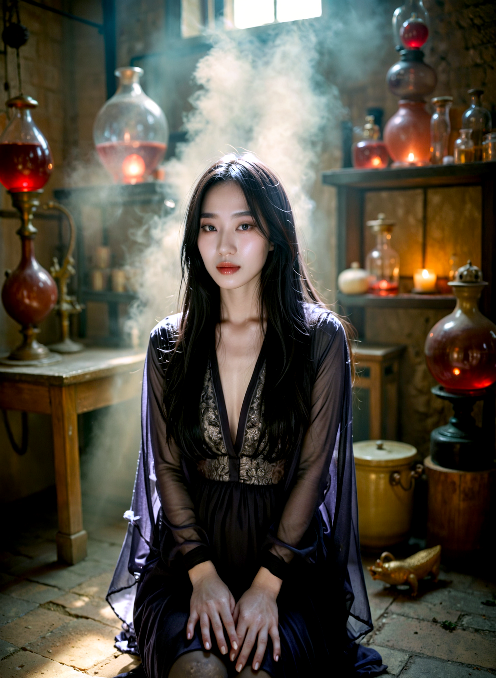 cinematic film stilla young woman sitting on the floor in a dimly lit room. She is wearing a long black dress with a plunging neckline and long sleeves. Her long dark hair is styled in loose waves and falls over her shoulders. She has a serious expression on her face and is looking directly at the camera. In the background, there are several large glass vases with red and gold accents, as well as a wooden table with a lamp on it. The room is filled with various items, including a vase with a red liquid, a jar with a gold lid, and a small statue of a bird. There is also a cloud of smoke or steam rising from the vases, creating a mysterious and ethereal atmosphere. The overall mood of the image is dark and mysterious. <lora:add-detail-xl:.5>  <lora:Flux-style-xl-lora:.5>  . shallow depth of field, vignette, highly detailed, high budget, bokeh, cinemascope, moody, epic, gorgeous, film grain, grainy
