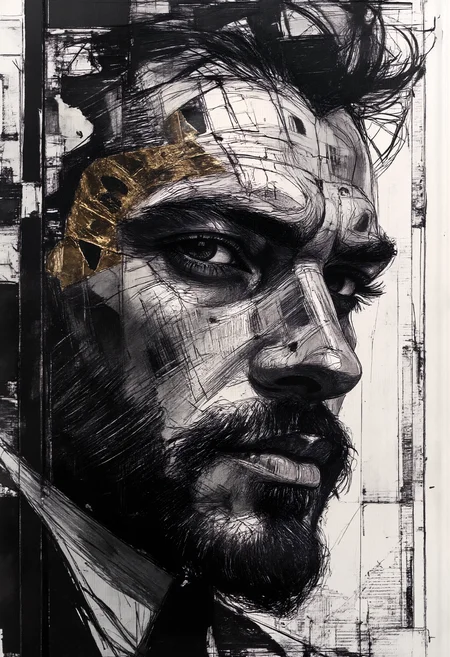 Monochrome macro portrait, male face with trimmed beard, glossy mosaic silver and gold mask with black ruptures, dramatic, thrilling, style of Loui Jover and Stephen Gammell, collage, ink on newspaper, red ink, red ink stains, abstract forms, modern, sleek, monochromatic with red shades . Black and white, contrast, tone, texture, detailed, cracklings extremely detailed architecturic background made of straight lines