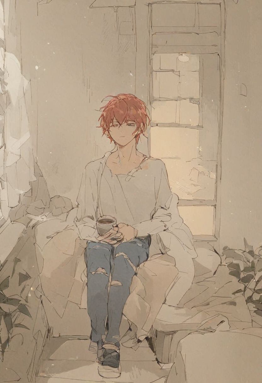score_9, score_8_up, score_7_up,  
full body portrait, (1 girl sitting in a Japanese room), red hair, torn jeans, cleavage, holding a cup of coffee, in an apartment, sitting on a couch, window behind her, 1boy, spiderman leaving through the window, new york city,  hyperrealistic,  
Expressiveh, Japanese Interior