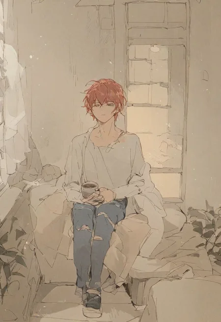 score_9, score_8_up, score_7_up,
full body portrait, (1 girl sitting in a Japanese room), red hair, torn jeans, cleavage, holding a cup of coffee, in an apartment, sitting on a couch, window behind her, 1boy, spiderman leaving through the window, new york city, hyperrealistic,
Expressiveh, Japanese Interior